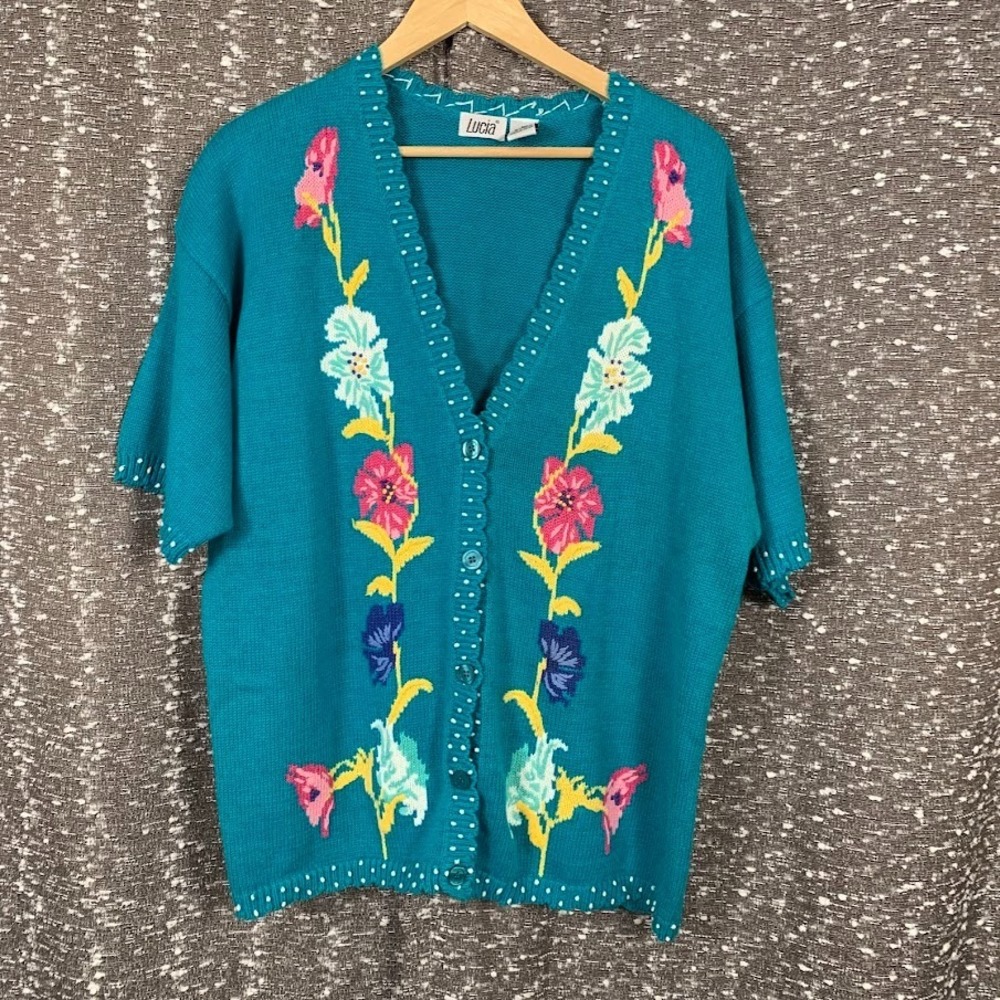 Vintage Lucia Floral Knit Short Sleeve‎ Sweater Button Up Cottagecore Women's XL
